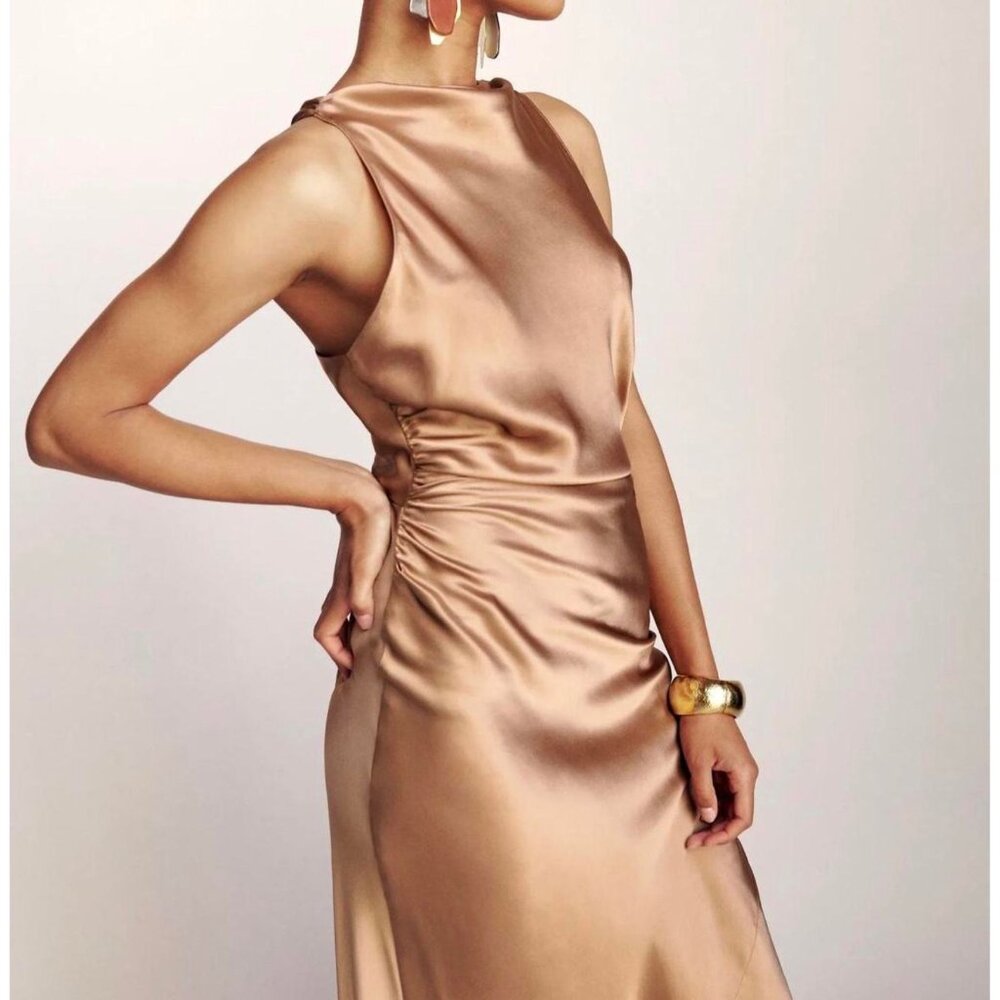 Reformation‎ Casette Midi Dress Croissant Brown Silk Cowl Neck Size 12 NWT - Picture 12 of 12